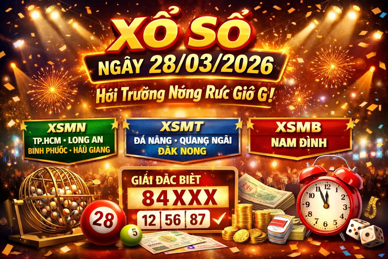 Xổ số ngày 28 tháng 3 năm 2026 hội trường nóng rực giờ G